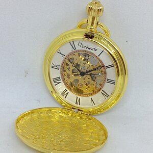 Treeweto 49mm Gold Tone Skeleton Dial Manual Wind Exhibition Case Pocket Watch